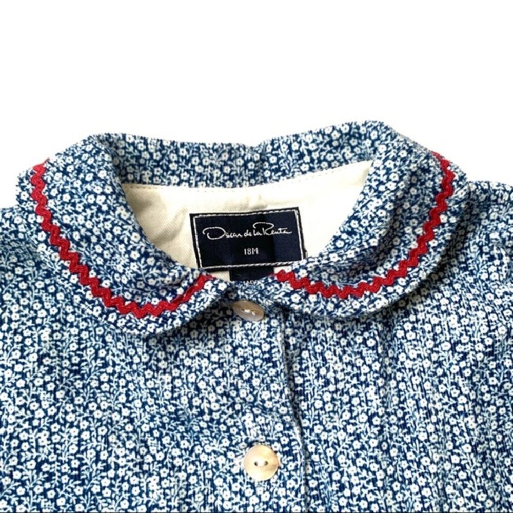 OSCAR DE LA‎ RENTA Girls Corduroy Floral Dress Size 18M Light Blue Red Collard - Picture 3 of 8